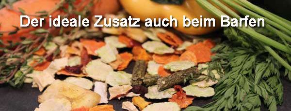 Obst und Gemüseflocken auf dunkeler Oberfläche verteilt